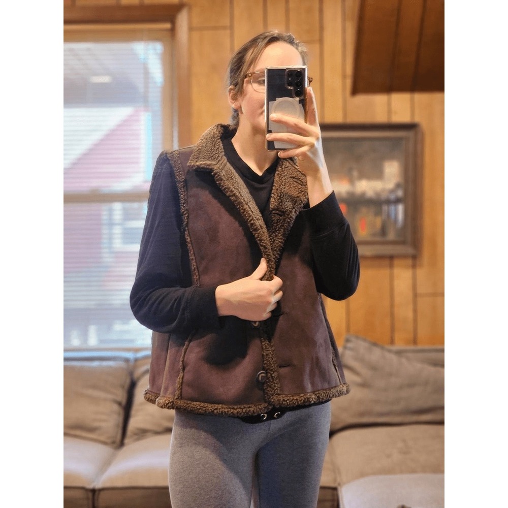 LL Bean Womens XL Faux Suede Shearling Sherpa Fleece Lined Vest Brown - Picture 2 of 7